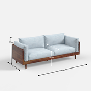 Sofa with wooden frame and measurements on a white background