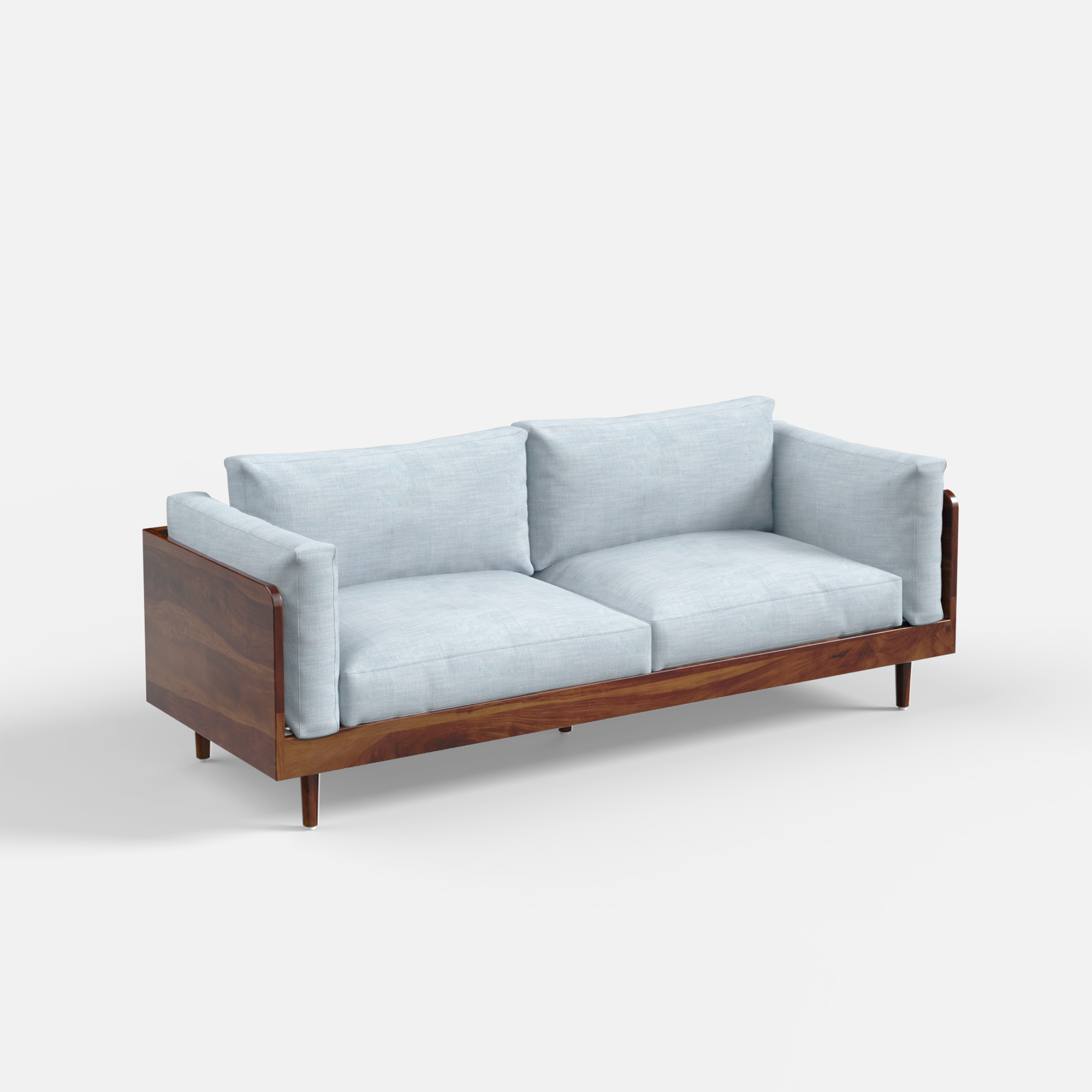 Sofa with wooden frame and light blue cushions on a white background