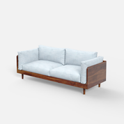 Light blue sofa with wooden frame on a white background