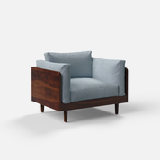 Blue 1 Seater sofa with wooden frame on a white background