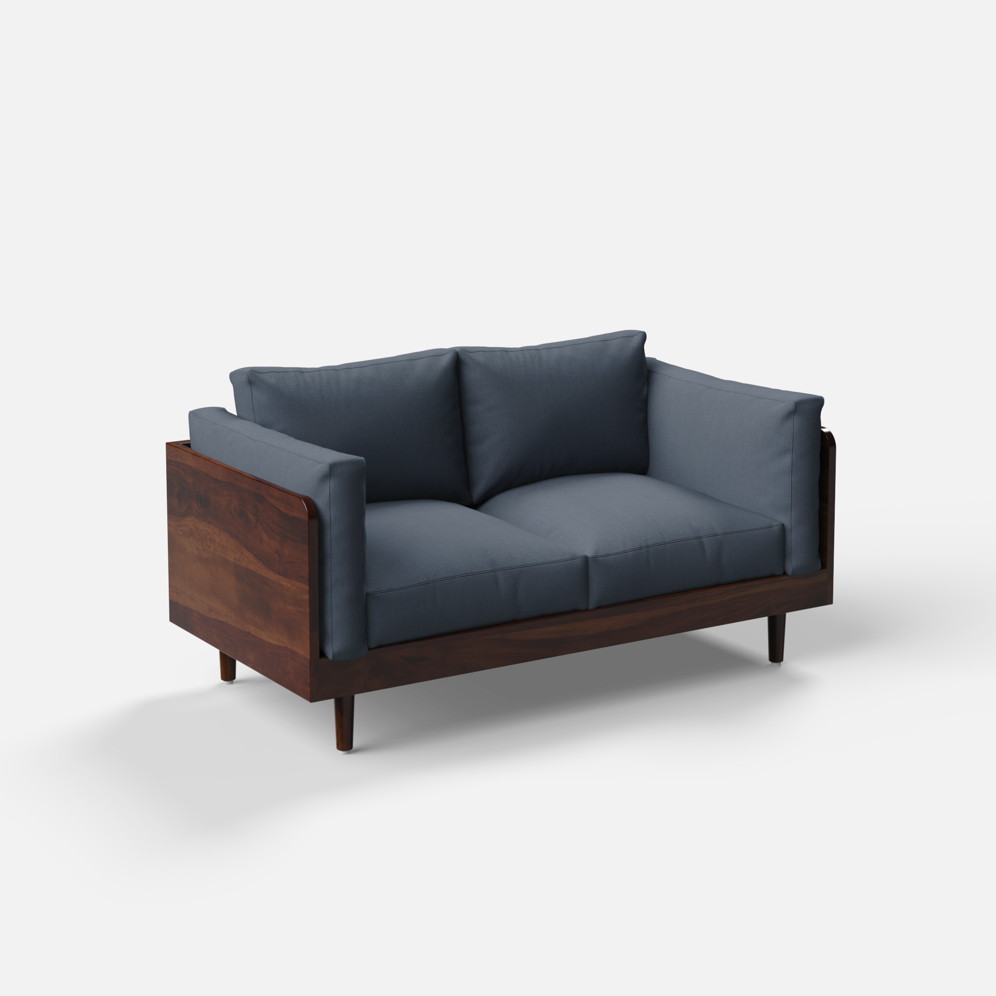 Sofa with dark blue cushions and wooden frame on a white background