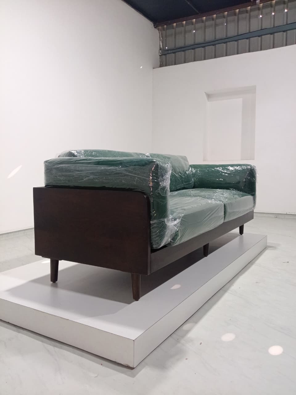 Liam 3 Seater Solid Wood Sofa - Walnut Polish - Emerald Green Fabric