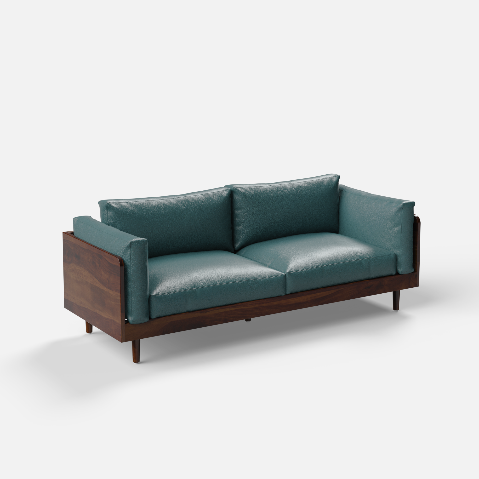 Teal sofa with wooden frame on a white background