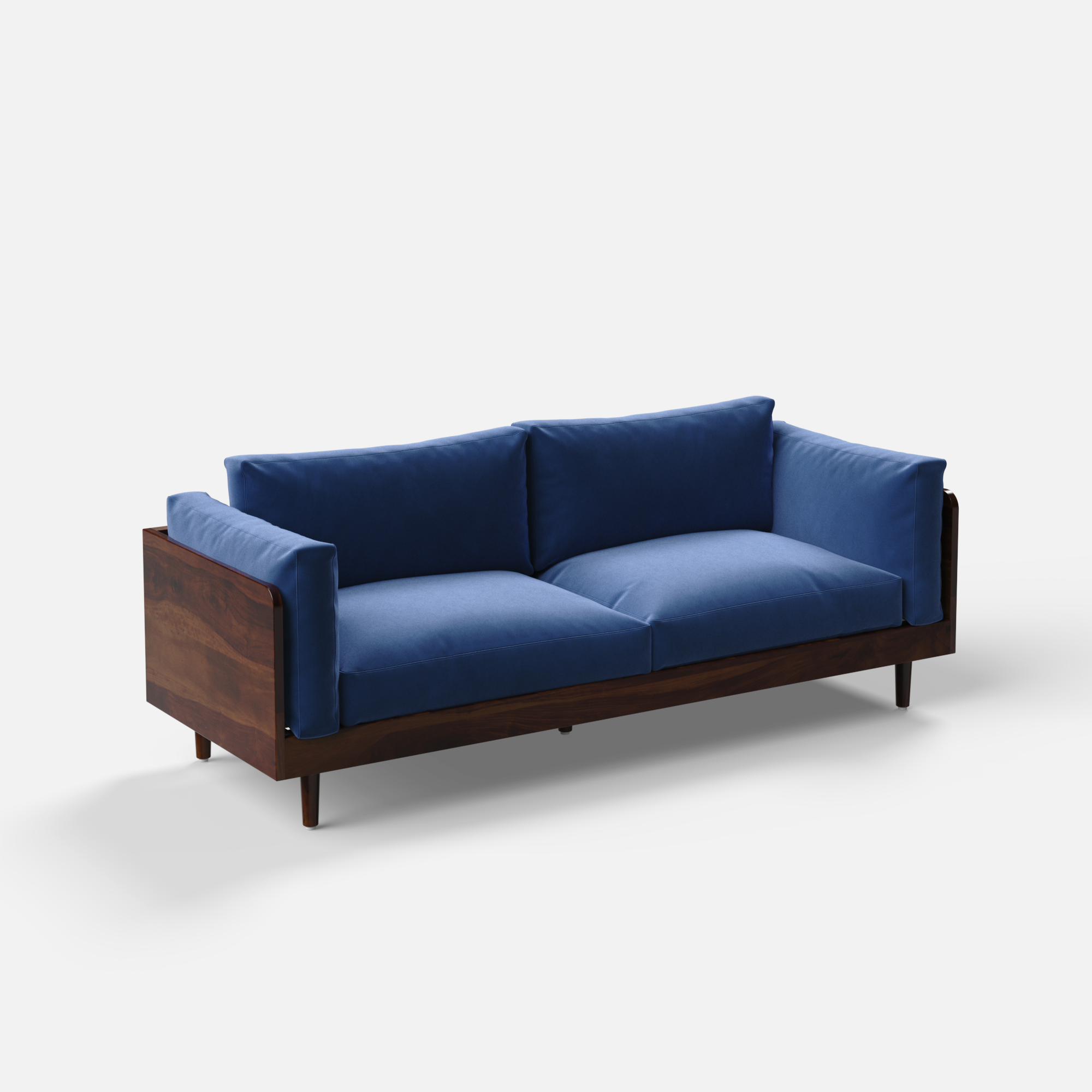 Blue sofa with wooden frame on a white background