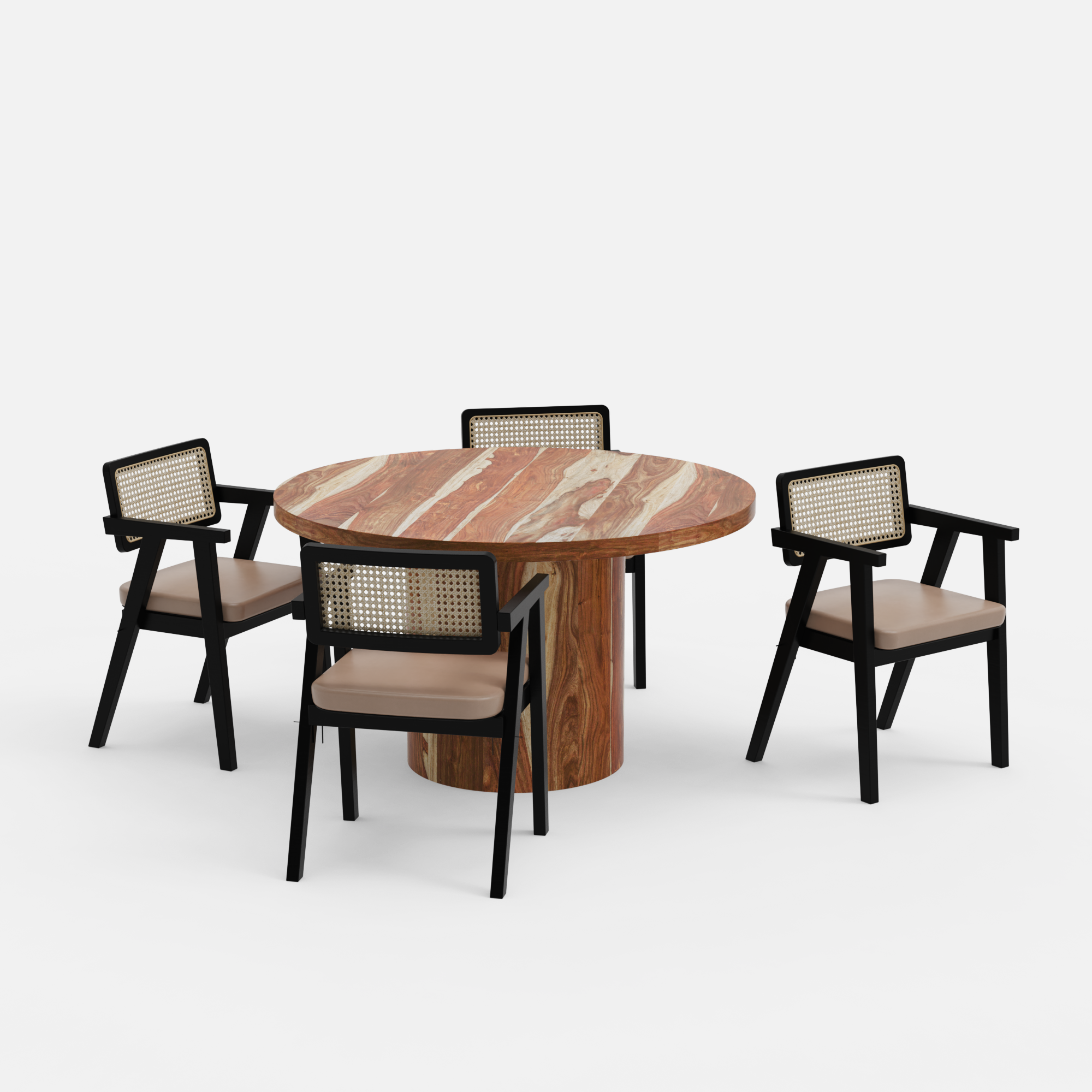 Luis-Bob Dining Table Set - 4 Seater - Table (130 cm Dia x 76 cm) + 4 Bob Chairs - Sheesham