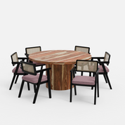 Luis-Bob Dining Table Set with Premium Trimming - 6 Seater - Table (150 cm Dia x 76 cm) + 6 Bob Chairs - Sheesham