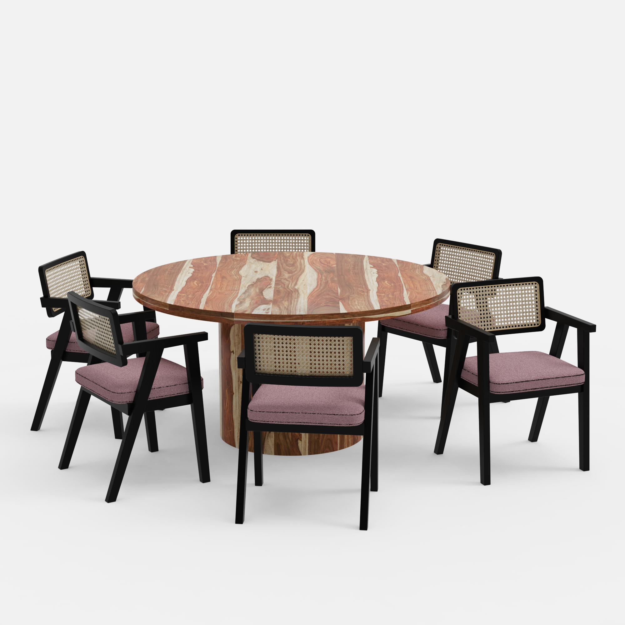 Luis-Bob Dining Table Set with Premium Trimming - 6 Seater - Table (150 cm Dia x 76 cm) + 6 Bob Chairs - Sheesham
