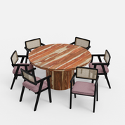 Luis-Bob Dining Table Set with Premium Trimming - 6 Seater - Table (150 cm Dia x 76 cm) + 6 Bob Chairs - Sheesham