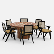 Luis-Flora Dining Table Set - 6 Seater - Table (150 cm Dia x 76 cm) + 6 Flora Chairs - Sheesham