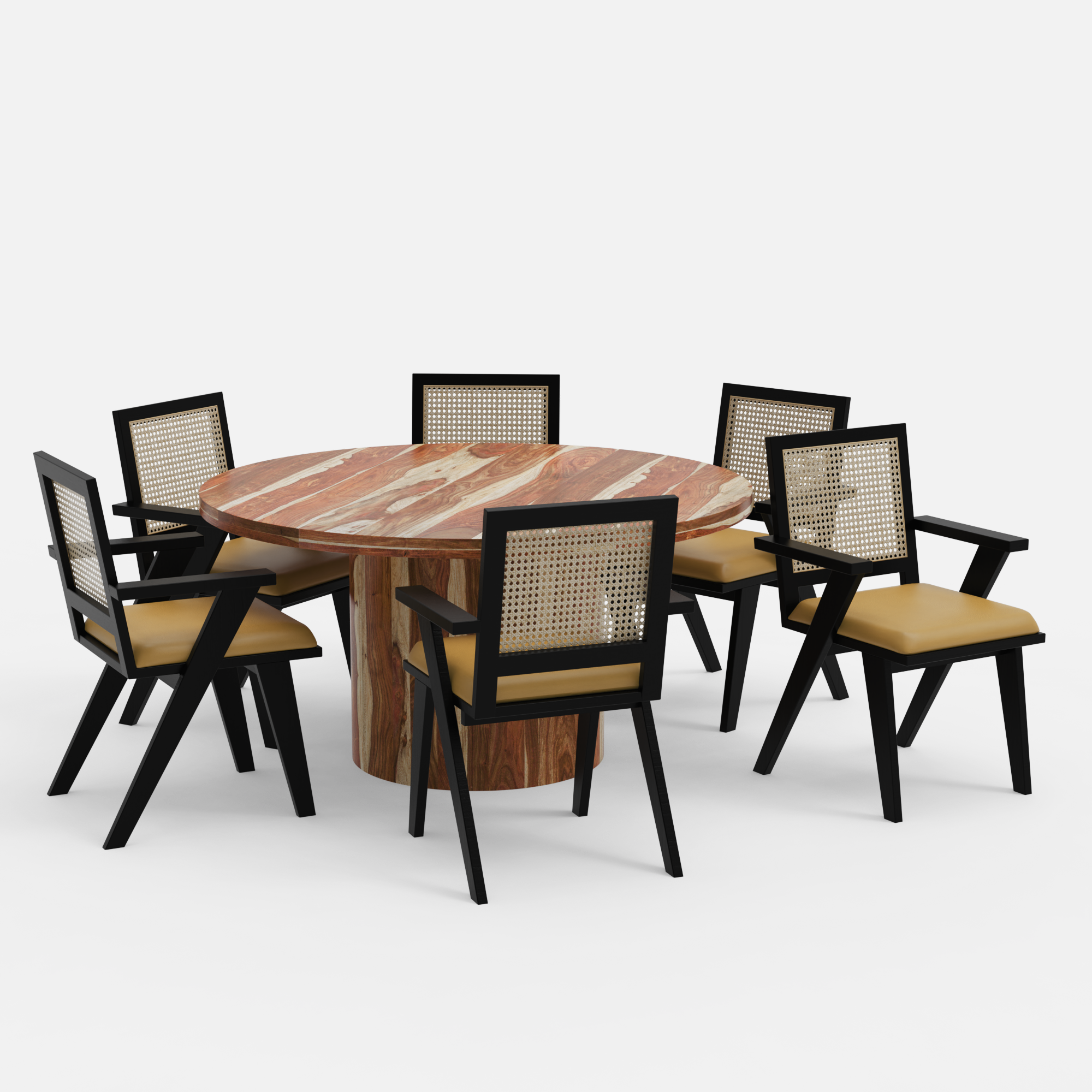 Luis-Flora Dining Table Set - 6 Seater - Table (150 cm Dia x 76 cm) + 6 Flora Chairs - Sheesham
