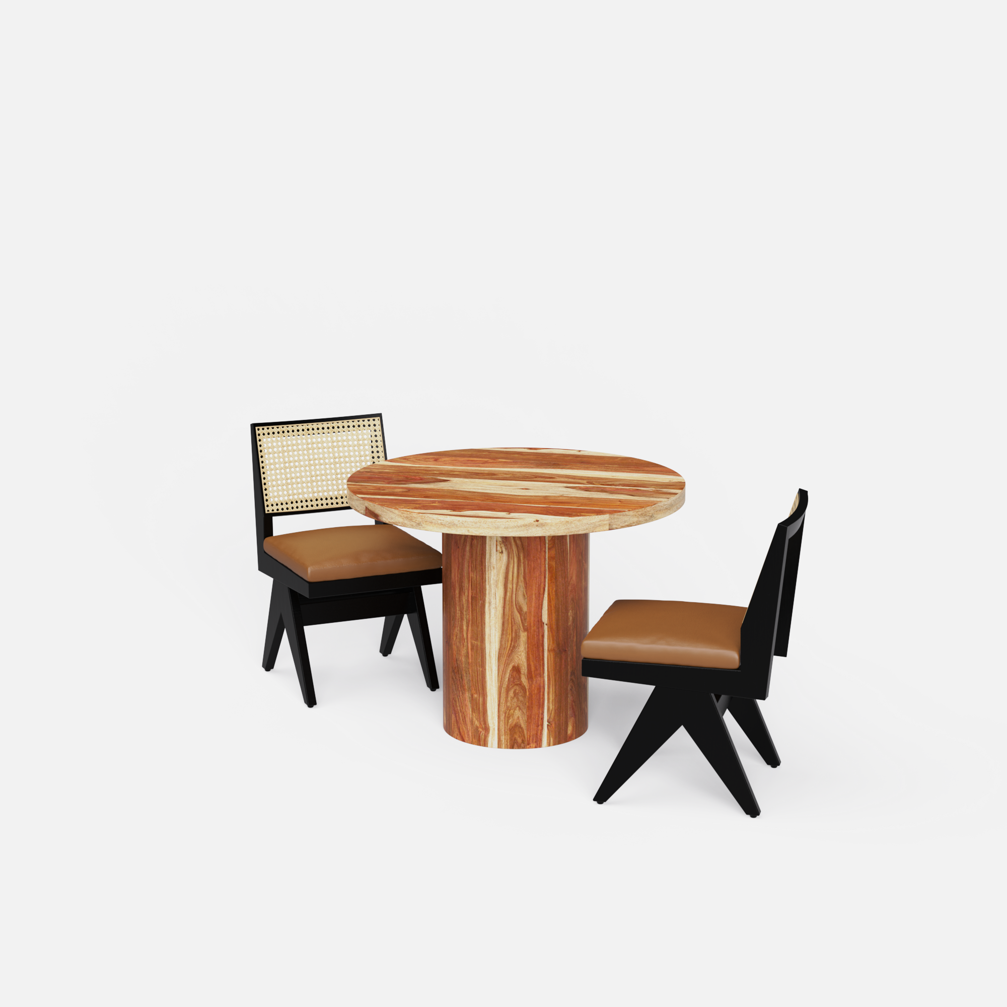Luis-Jean Dining Table Set - 2 Seater - Table (100 cm Dia x 76 cm) + 2 Jean Chairs - Sheesham