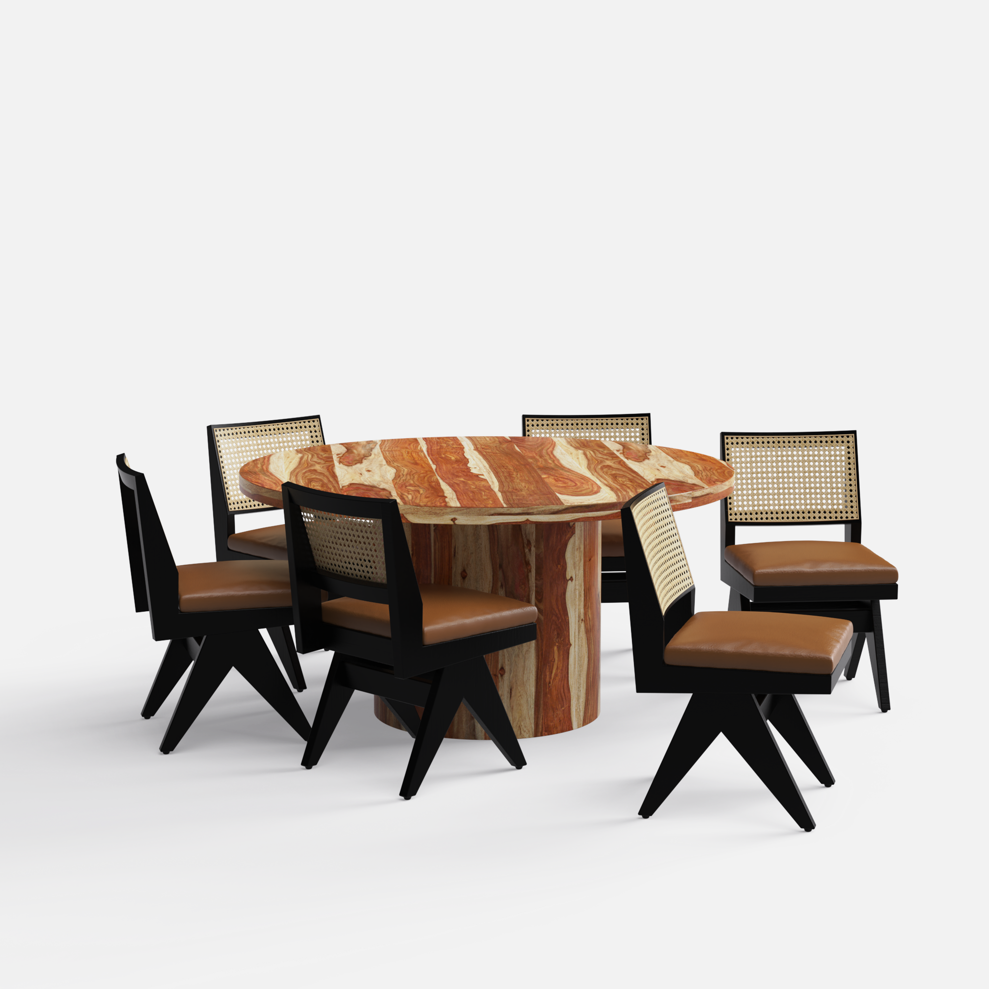 Luis-Jean Dining Table Set - 6 Seater - Table (150 cm Dia x 76 cm) + 6 Jean Chairs - Sheesham