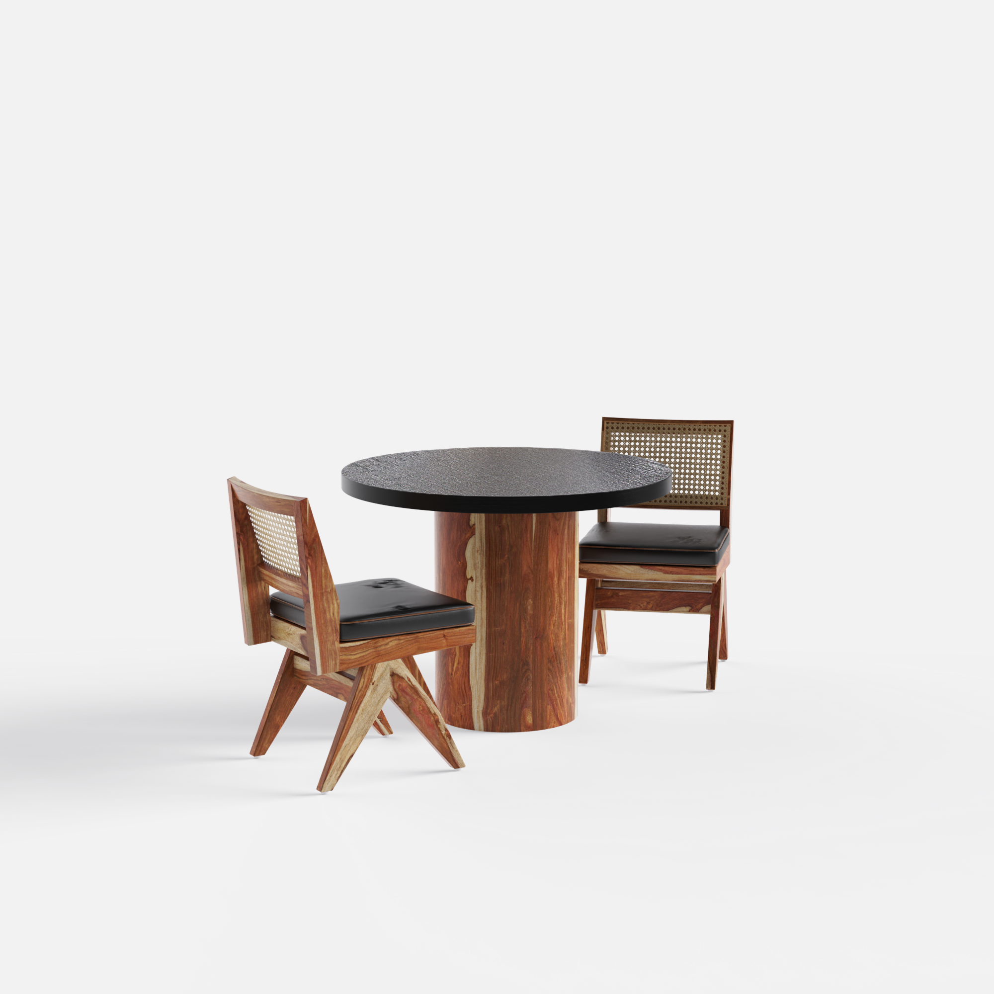 Luis-Jean Textured Black Dining Table Set with Premium Trimming - 2 Seater - Table (100 cm Dia x 76 cm) + 2 Jean Chairs - Sheesham
