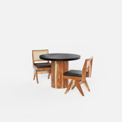 Luis-Jean Textured Black Dining Table Set with Premium Trimming - 2 Seater - Table (100 cm Dia x 76 cm) + 2 Jean Chairs - Sheesham