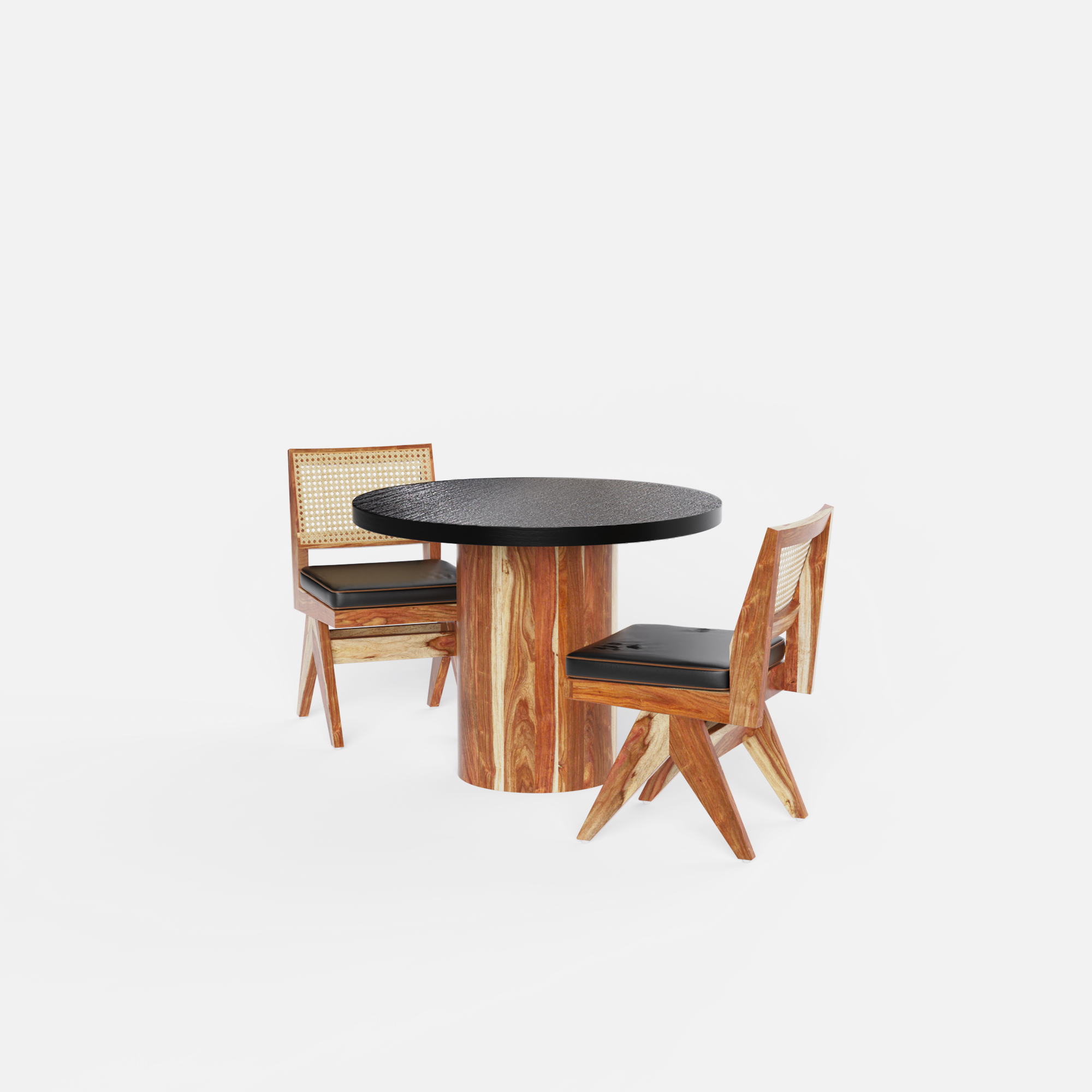 Luis-Jean Textured Black Dining Table Set with Premium Trimming - 2 Seater - Table (100 cm Dia x 76 cm) + 2 Jean Chairs - Sheesham