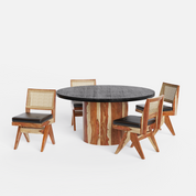 Luis-Jean Textured Black Dining Table Set with Premium Trimming - 4 Seater - Table (150 cm Dia x 76 cm) + 4 Jean Chairs - Sheesham