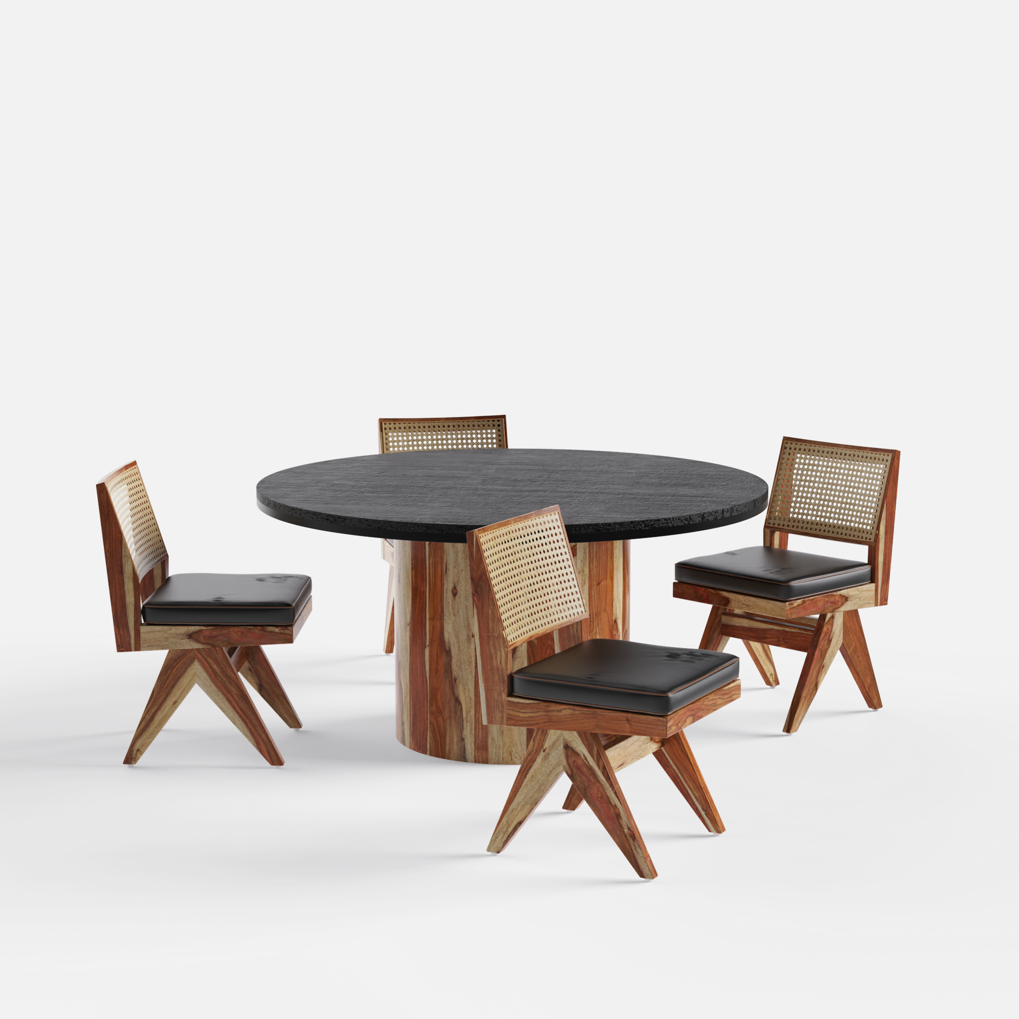 Luis-Jean Textured Black Dining Table Set with Premium Trimming - 4 Seater - Table (150 cm Dia x 76 cm) + 4 Jean Chairs - Sheesham