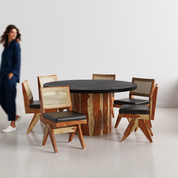 Luis-Jean Textured Black Dining Table Set with Premium Trimming - 6 Seater - Table (150 cm Dia x 76 cm) + 6 Jean Chairs - Sheesham
