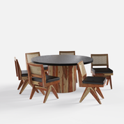 Luis-Jean Textured Black Dining Table Set with Premium Trimming - 6 Seater - Table (150 cm Dia x 76 cm) + 6 Jean Chairs - Sheesham