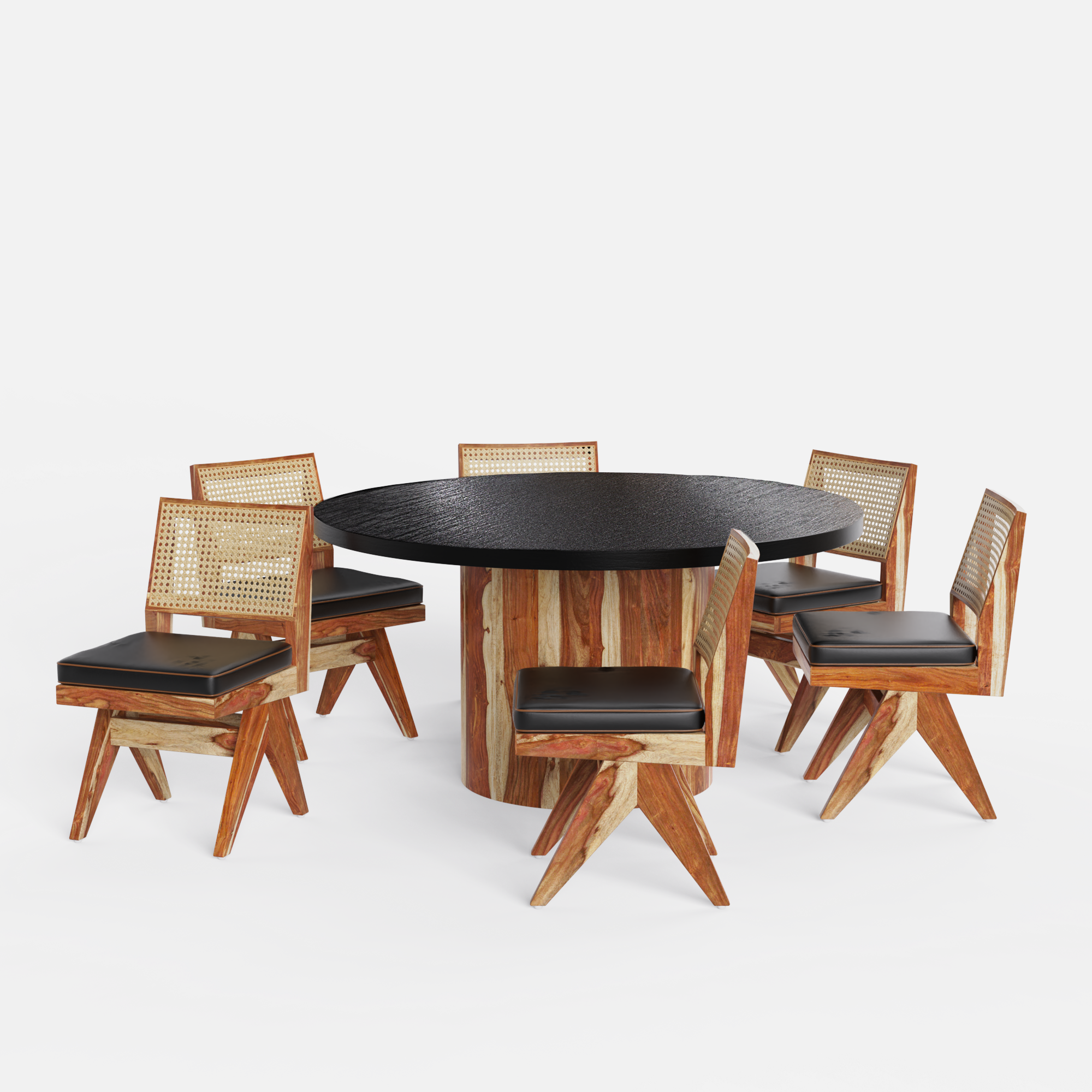 Luis-Jean Textured Black Dining Table Set with Premium Trimming - 6 Seater - Table (150 cm Dia x 76 cm) + 6 Jean Chairs - Sheesham