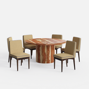 Luis-Lidia Dining Table Set with Premium Trimming - 6 Seater - Table (150 cm Dia x 76 cm) + 6 Lidia Chairs - Sheesham