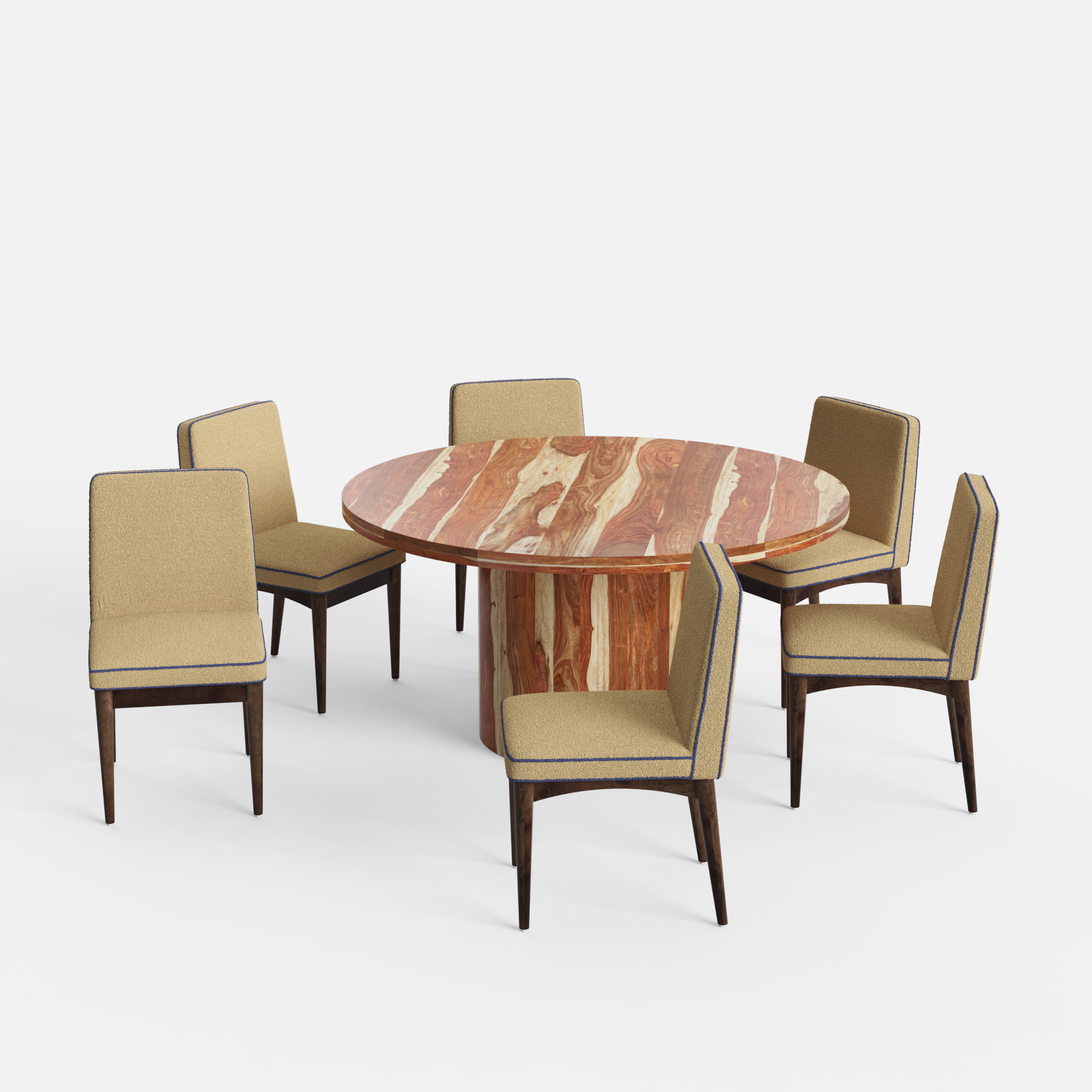 Luis-Lidia Dining Table Set with Premium Trimming - 6 Seater - Table (150 cm Dia x 76 cm) + 6 Lidia Chairs - Sheesham