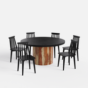 Luis-Polly Textured Black Dining Table Set - 6 Seater - Table (150 cm Dia x 76 cm) + 6 Polly Chairs - Sheesham