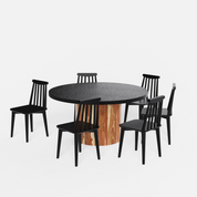 Luis-Polly Textured Black Dining Table Set - 6 Seater - Table (150 cm Dia x 76 cm) + 6 Polly Chairs - Sheesham