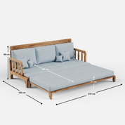 Sofa bed with wooden frame and gray cushions, shown with dimensions on a white background.