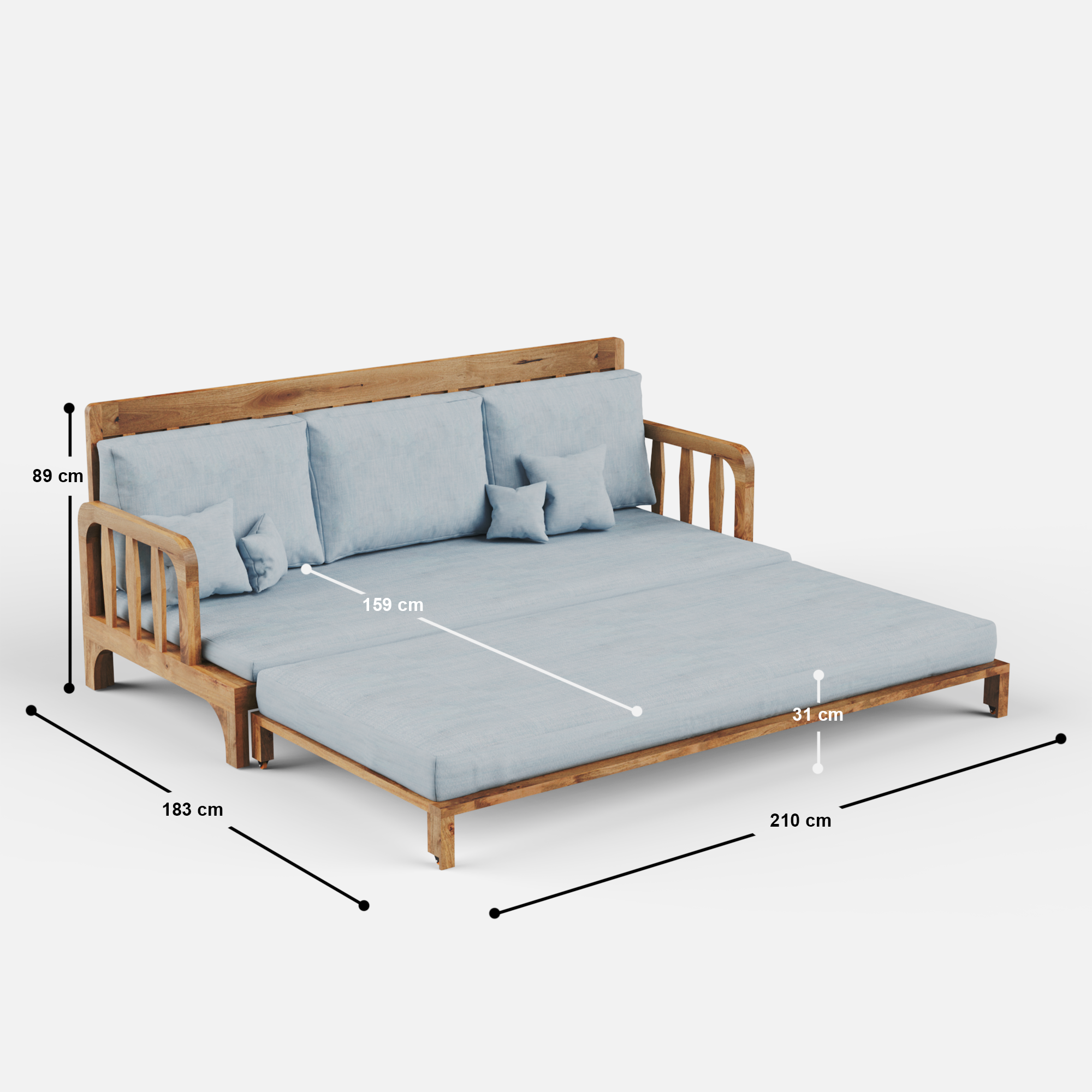 Sofa bed with wooden frame and gray cushions, shown with dimensions on a white background.