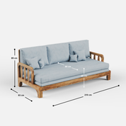 Sofa with wooden frame and blue cushions, showing dimensions on a white background