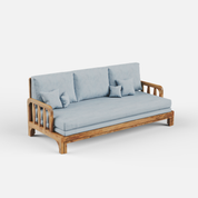 Sofa with wooden frame and light blue cushions on a white background