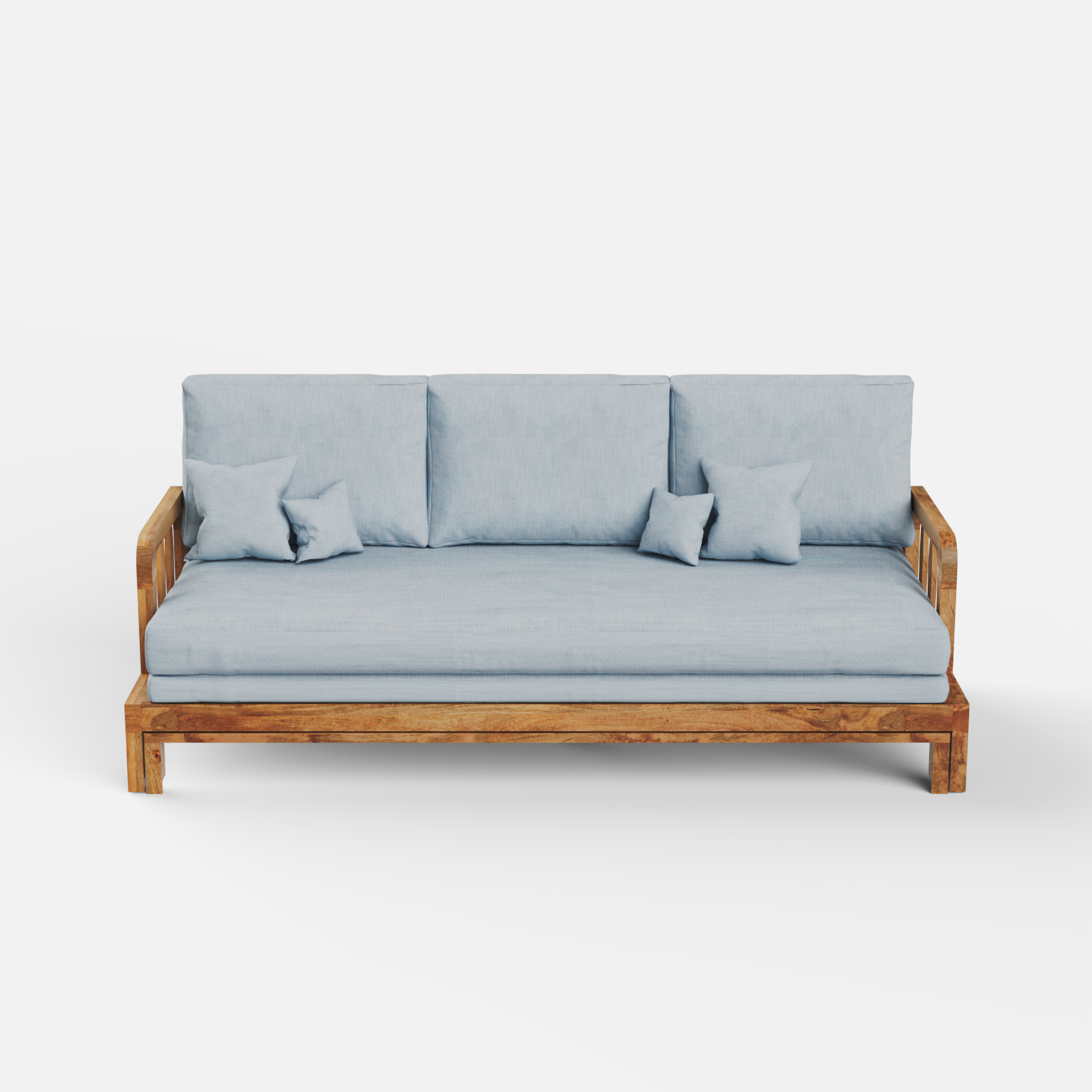 Sofa with wooden frame and light blue cushions on a white background