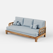 Sofa with wooden frame and light blue cushions on a white background