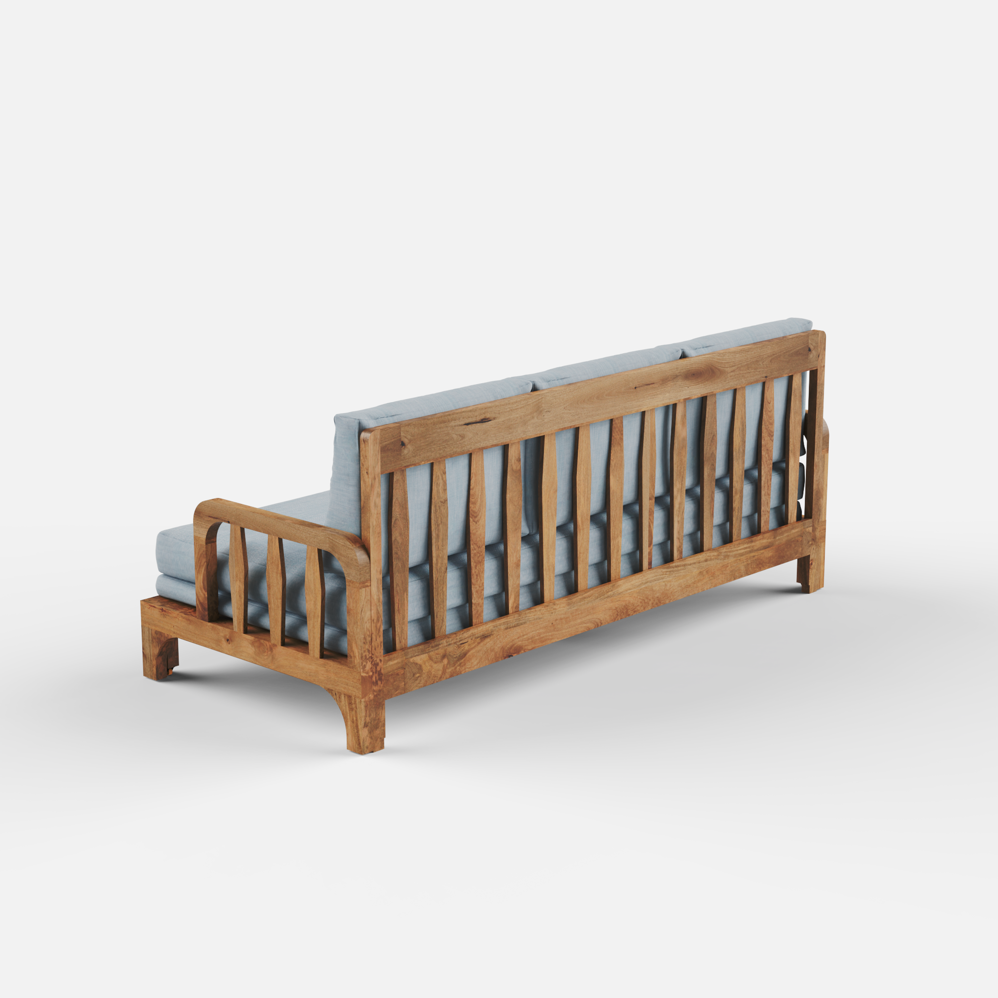 Wooden Sofa bed with blue cushions on a white background