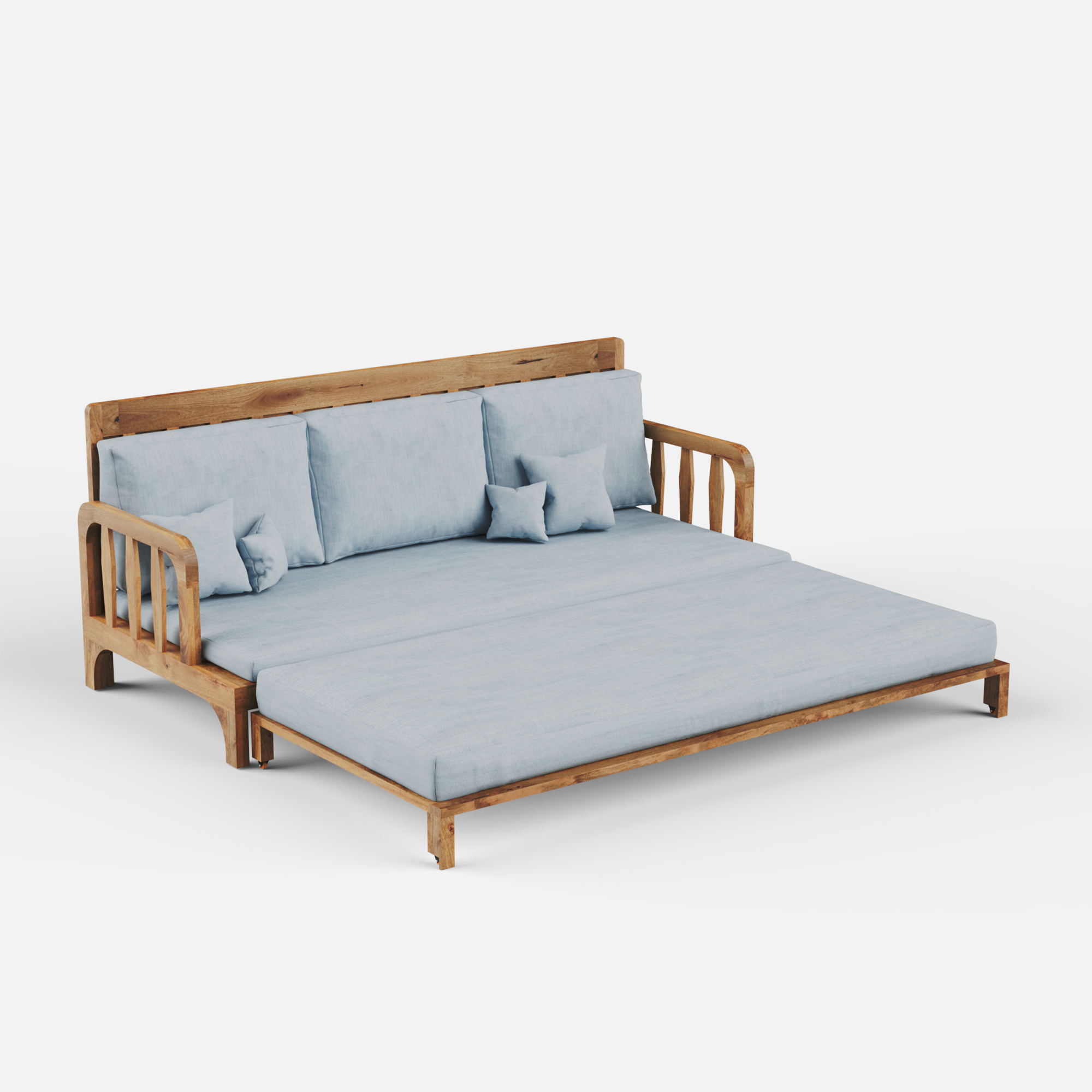 Sofa bed with wooden frame and light blue cushions on a white background