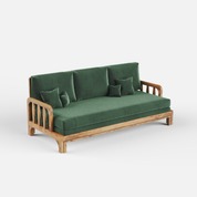 Green sofa with wooden frame on a white background