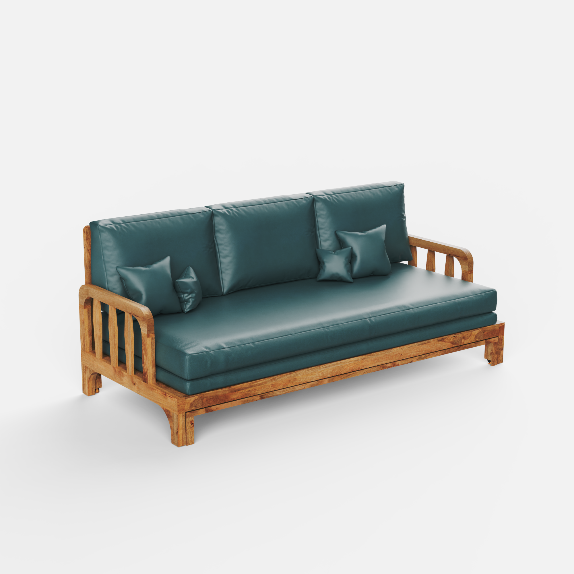 Teal sofa with wooden frame on a white background