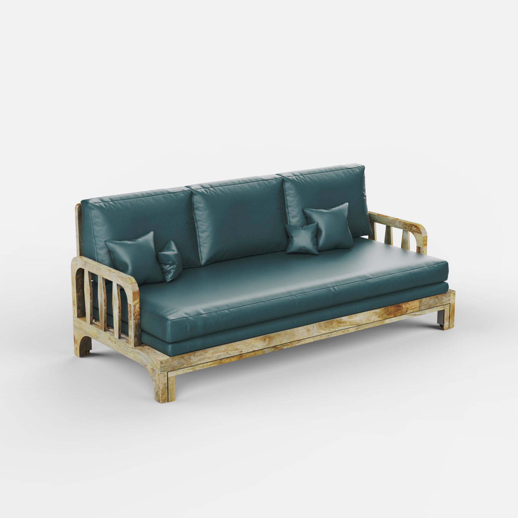 Teal sofa with wooden frame on a white background