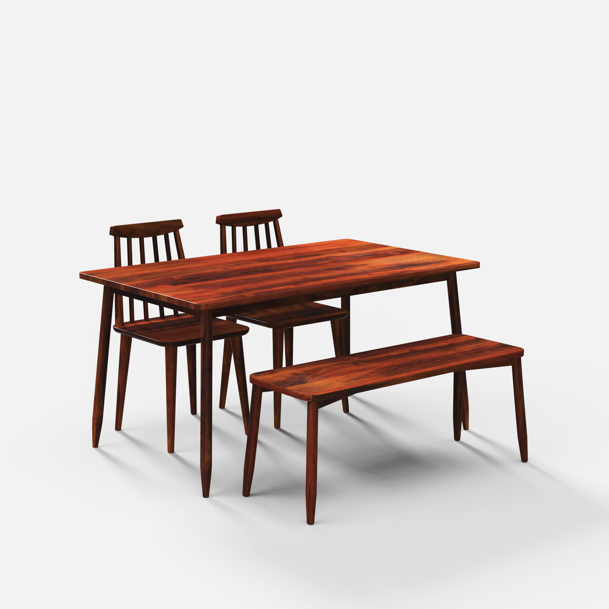Maltby Dining Table Set - 4 Seater - Table (150 cm x 90 cm x 76 cm) + 2 Polly Chairs + 1 Bench - Sheesham