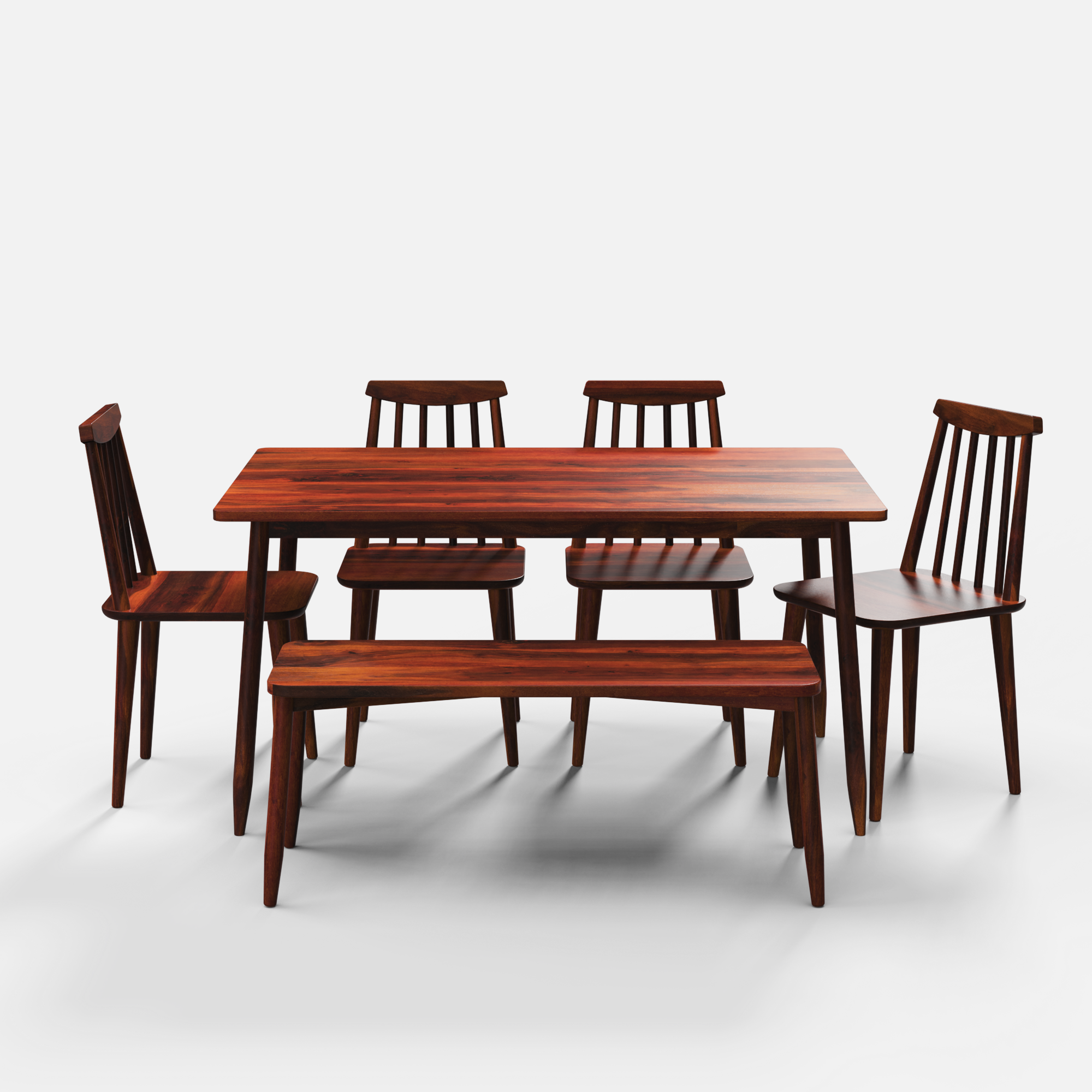 Maltby Dining Table Set - 6 Seater - Table (150 cm x 90 cm x 76 cm) + 4 Polly Chairs + 1 Bench - Sheesham