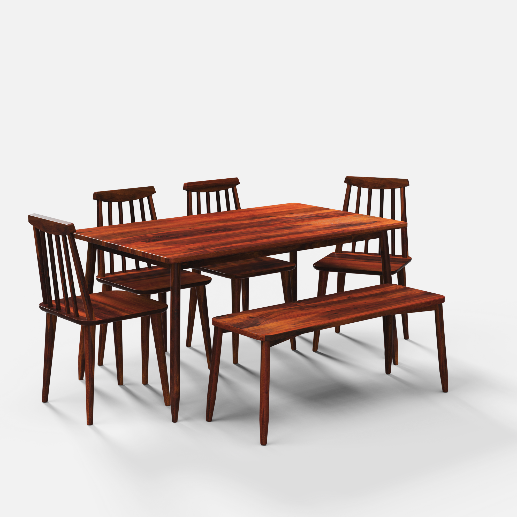 Maltby Dining Table Set - 6 Seater - Table (150 cm x 90 cm x 76 cm) + 4 Polly Chairs + 1 Bench - Sheesham