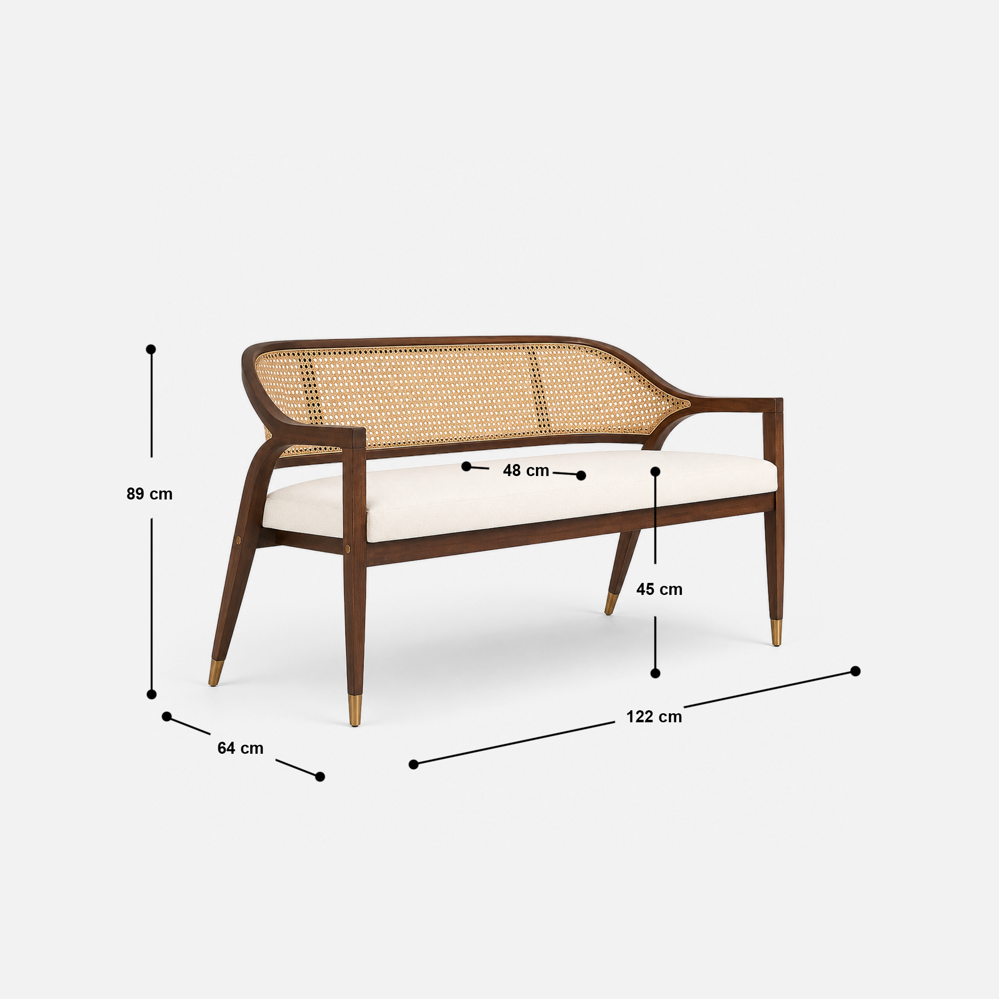 Marcel Rattan Back Sheesham Bench with Brass Detailing