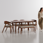 Maya Amelia Luxury Upholstered Dining Table Set - Large 6 Seater - Table (175 cm x 90 cm x 76 cm) + 4 Amelia Chairs + 1 Bench - Sheesham