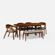 Maya Amelia Luxury Upholstered Dining Table Set - Large 6 Seater - Table (175 cm x 90 cm x 76 cm) + 4 Amelia Chairs + 1 Bench - Sheesham
