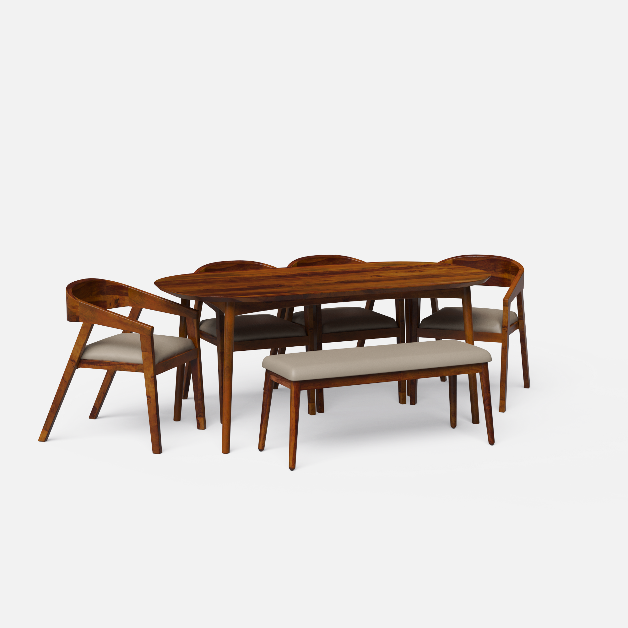 Maya Amelia Luxury Upholstered Dining Table Set - Large 6 Seater - Table (175 cm x 90 cm x 76 cm) + 4 Amelia Chairs + 1 Bench - Sheesham
