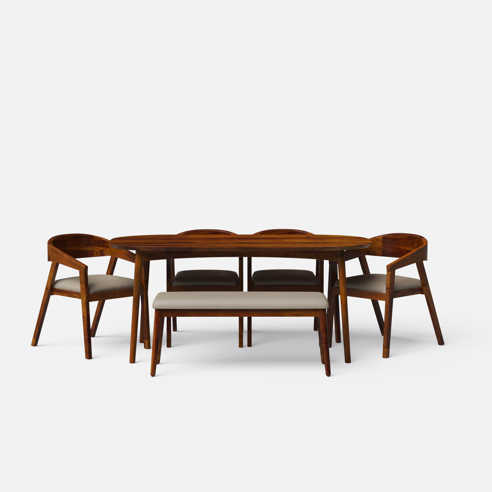 Maya Amelia Luxury Upholstered Dining Table Set - Large 6 Seater - Table (175 cm x 90 cm x 76 cm) + 4 Amelia Chairs + 1 Bench - Sheesham