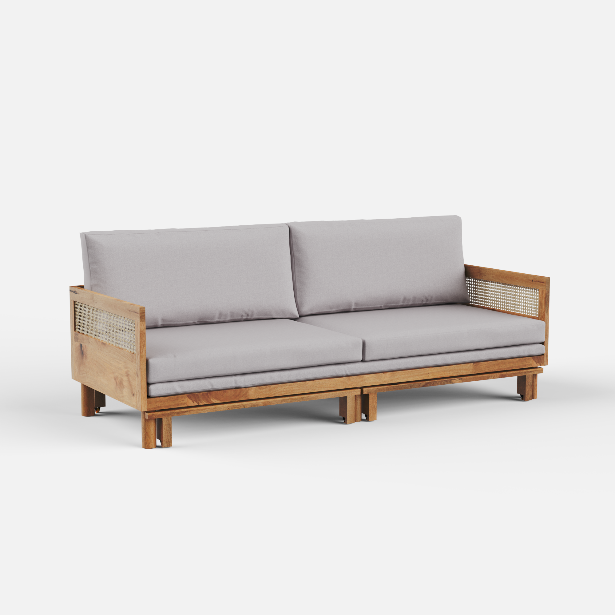 Wooden sofa with rattan sides, gray cushions on a white background