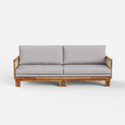 Sofa with wooden frame and gray cushions on a white background