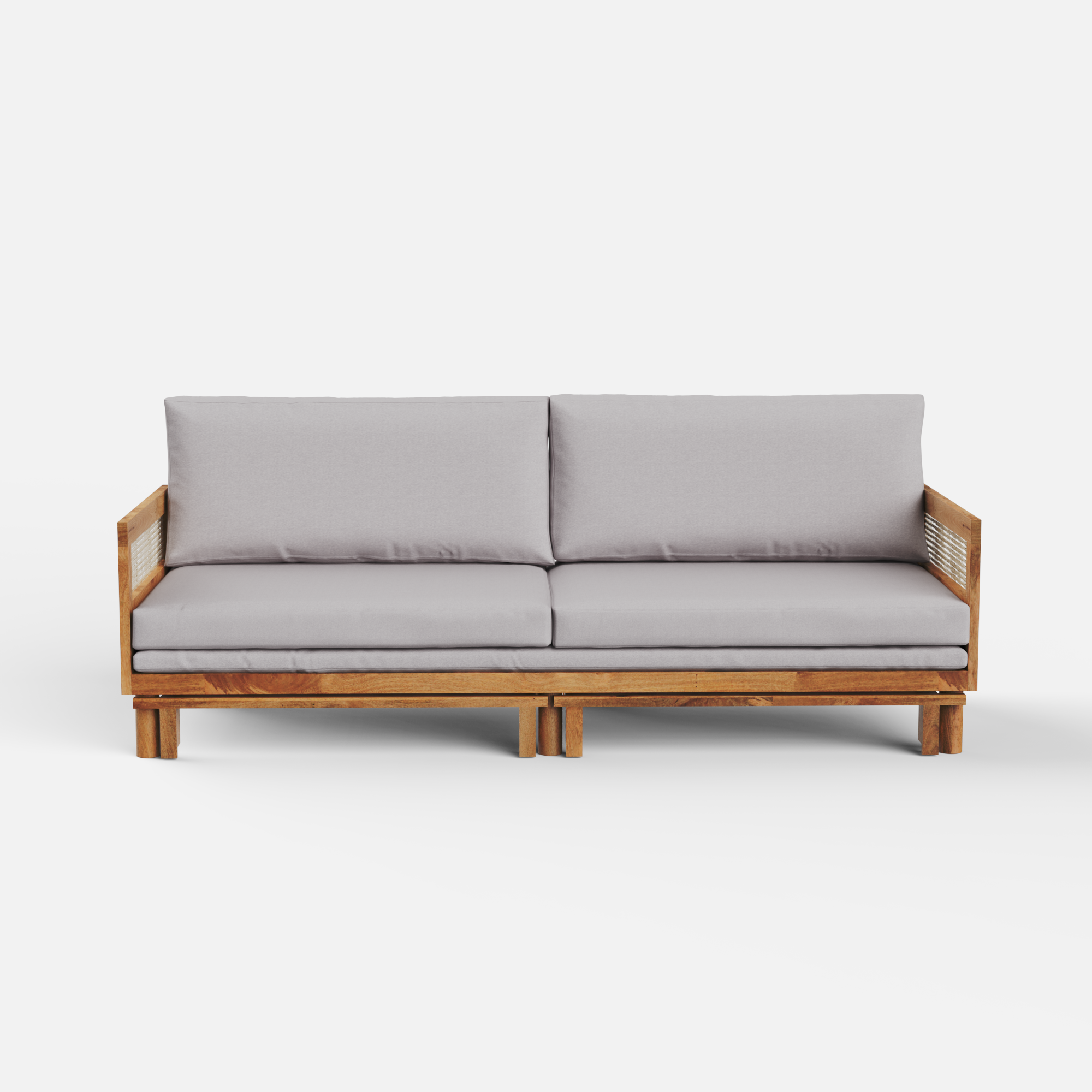 Sofa with wooden frame and gray cushions on a white background